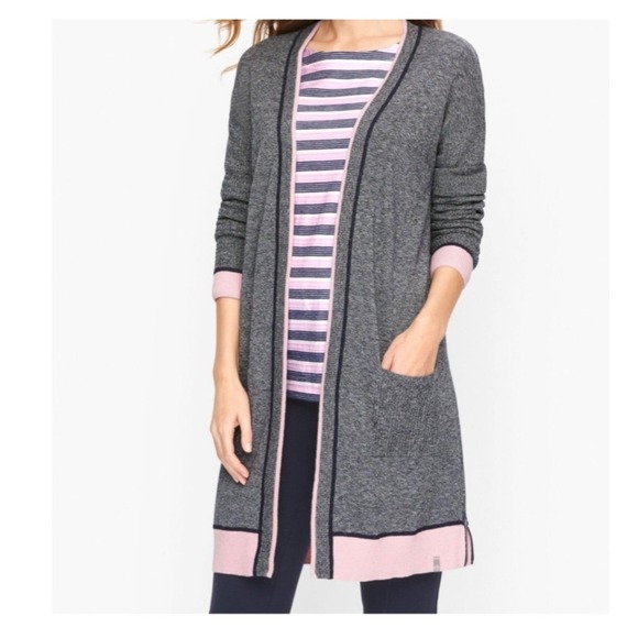 T by Talbots Sweaters - T by Talbots Cardigan‎ Women Large Gray Pink Trim Open Front Longline Loungewear